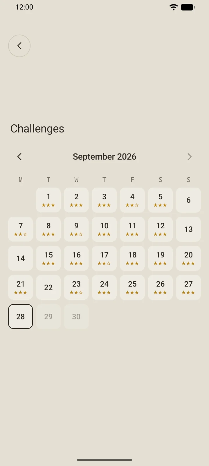 The September 2026 calendar of challenges, most days solved with their stars.