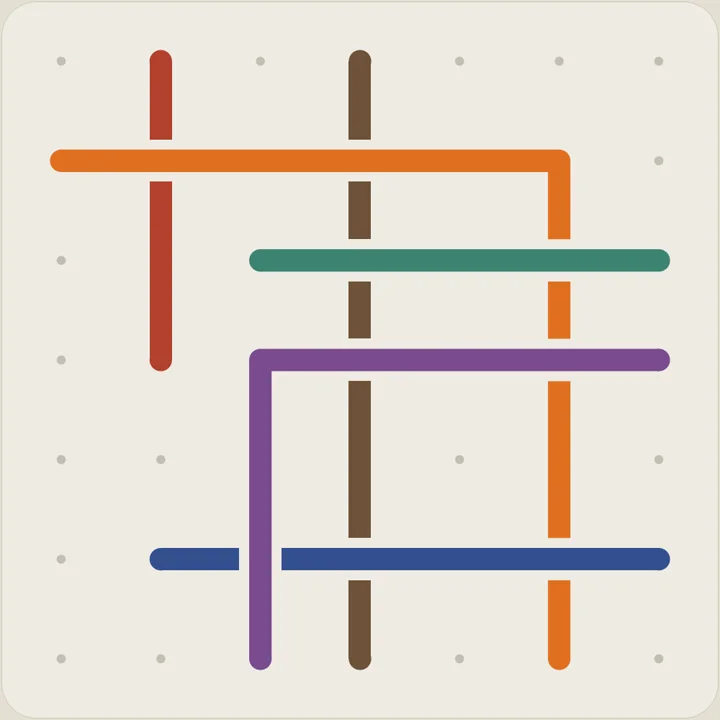 Six threads on a dotted board. The purple thread lies over every thread it crosses.